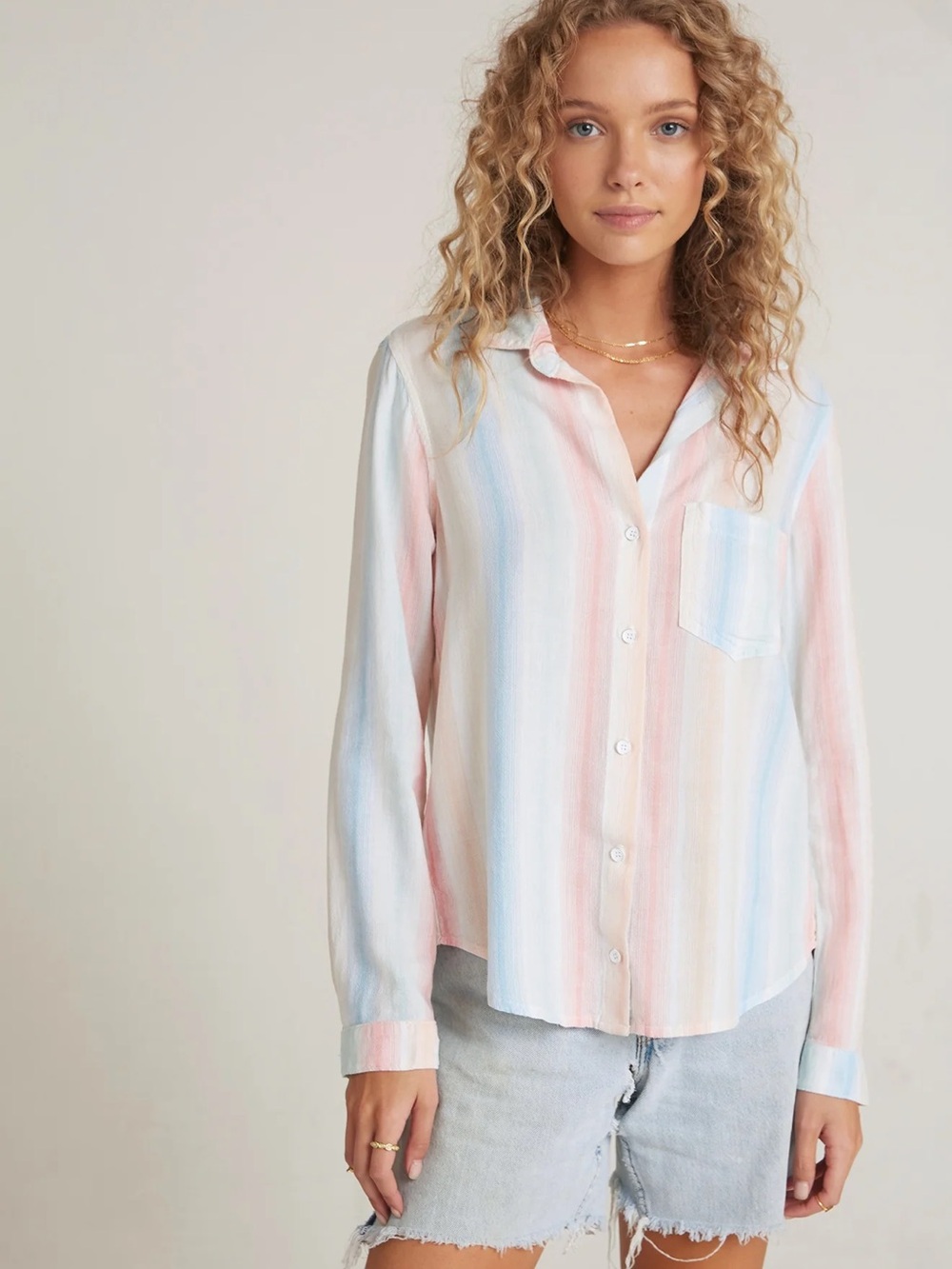 Bella Dahl Linen Blend Button Down in Havana Rainbow Stripe Size Large